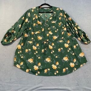 Stella Tweed Women’s Green Floral blouse, quarter sleeve, relaxed fit, size 3X